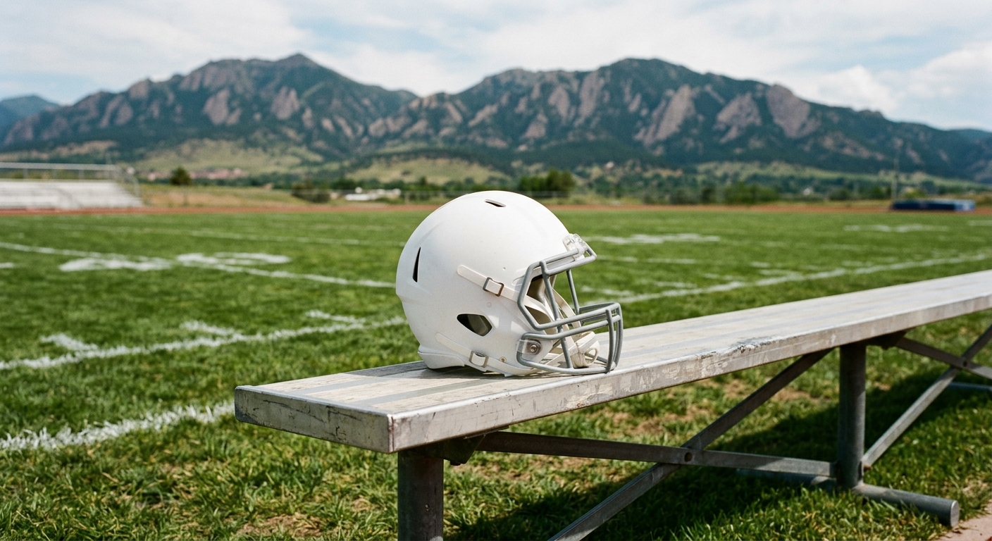 a blank white football helmet resting on an empty metal sideline bench at a grass football field, with a backdrop of rugged mountains under a daytime sky, natur