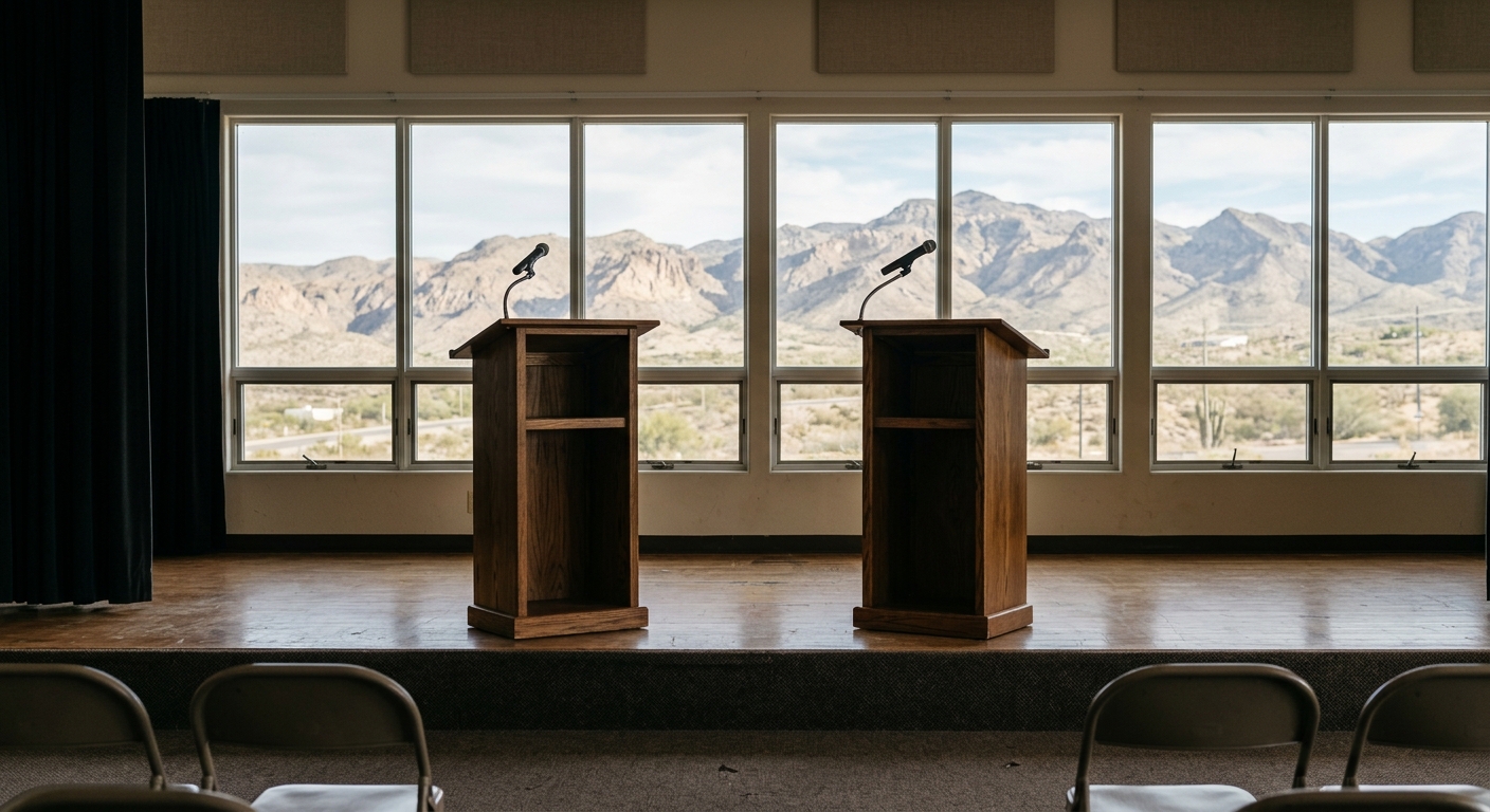 two empty wooden debate podiums with microphones on a modest stage inside a local community center, large windows showing distant arid mountains, natural everyd