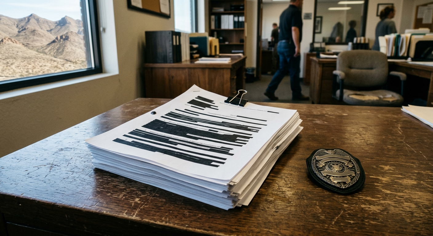 a stack of heavily redacted legal documents and a generic law enforcement badge resting on a wooden desk inside a county government office, with a view of dry m