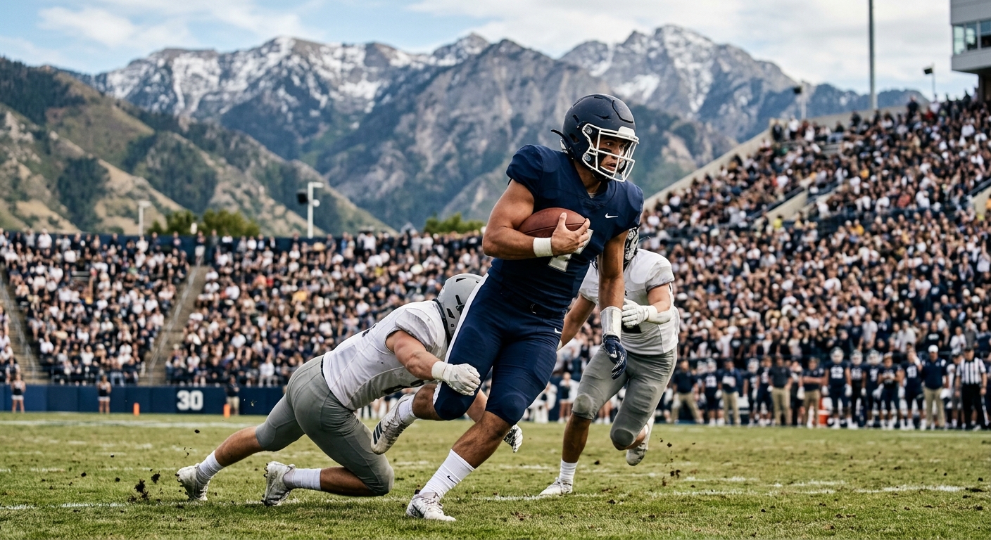 a college football quarterback in a generic navy blue and white uniform running with a brown leather football on a grass field, dodging defenders in a large out