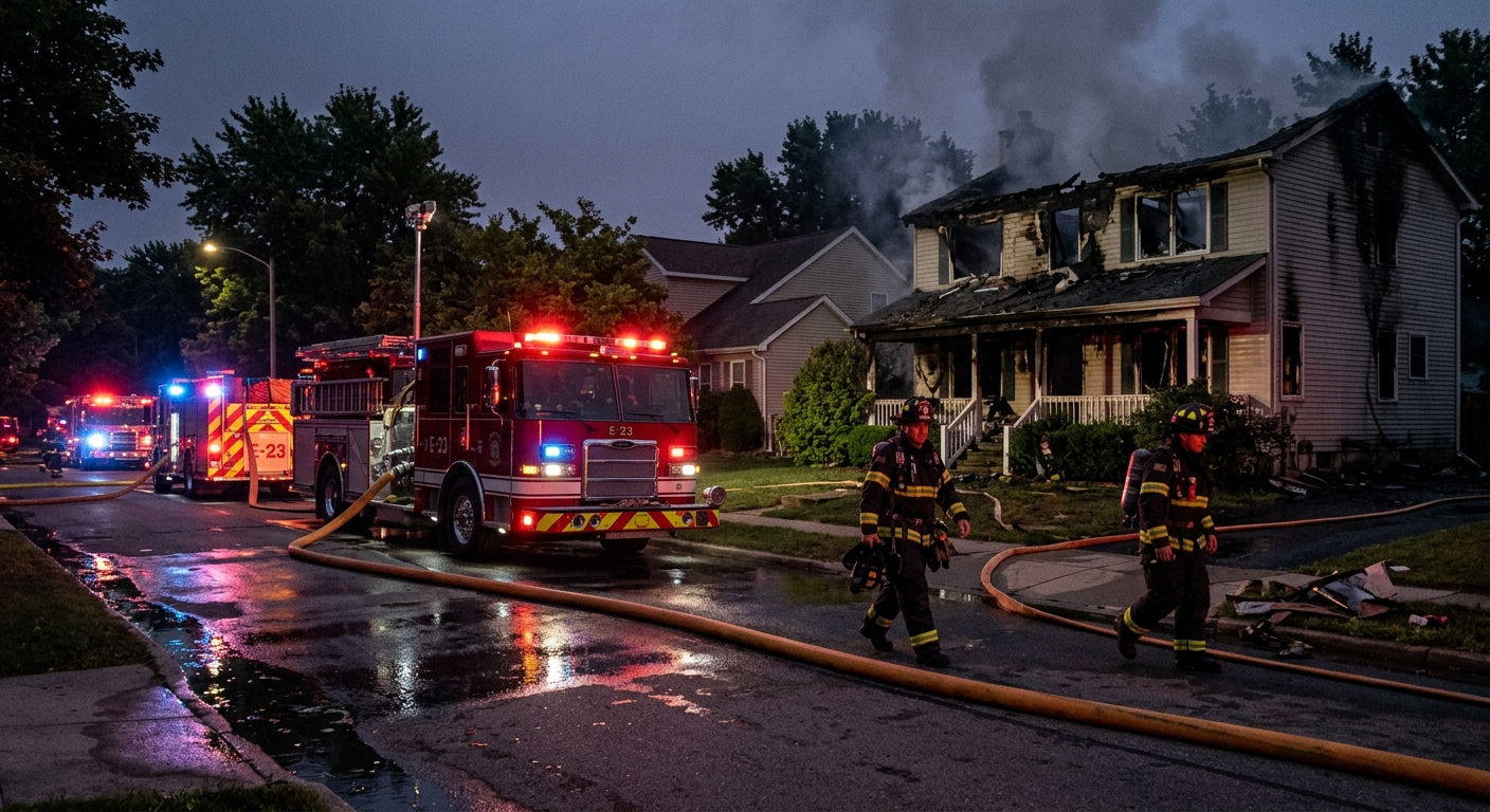 fire engines parked on a dark suburban street in front of a damaged single-family home with visible smoke and char marks, emergency lights reflecting on the pav