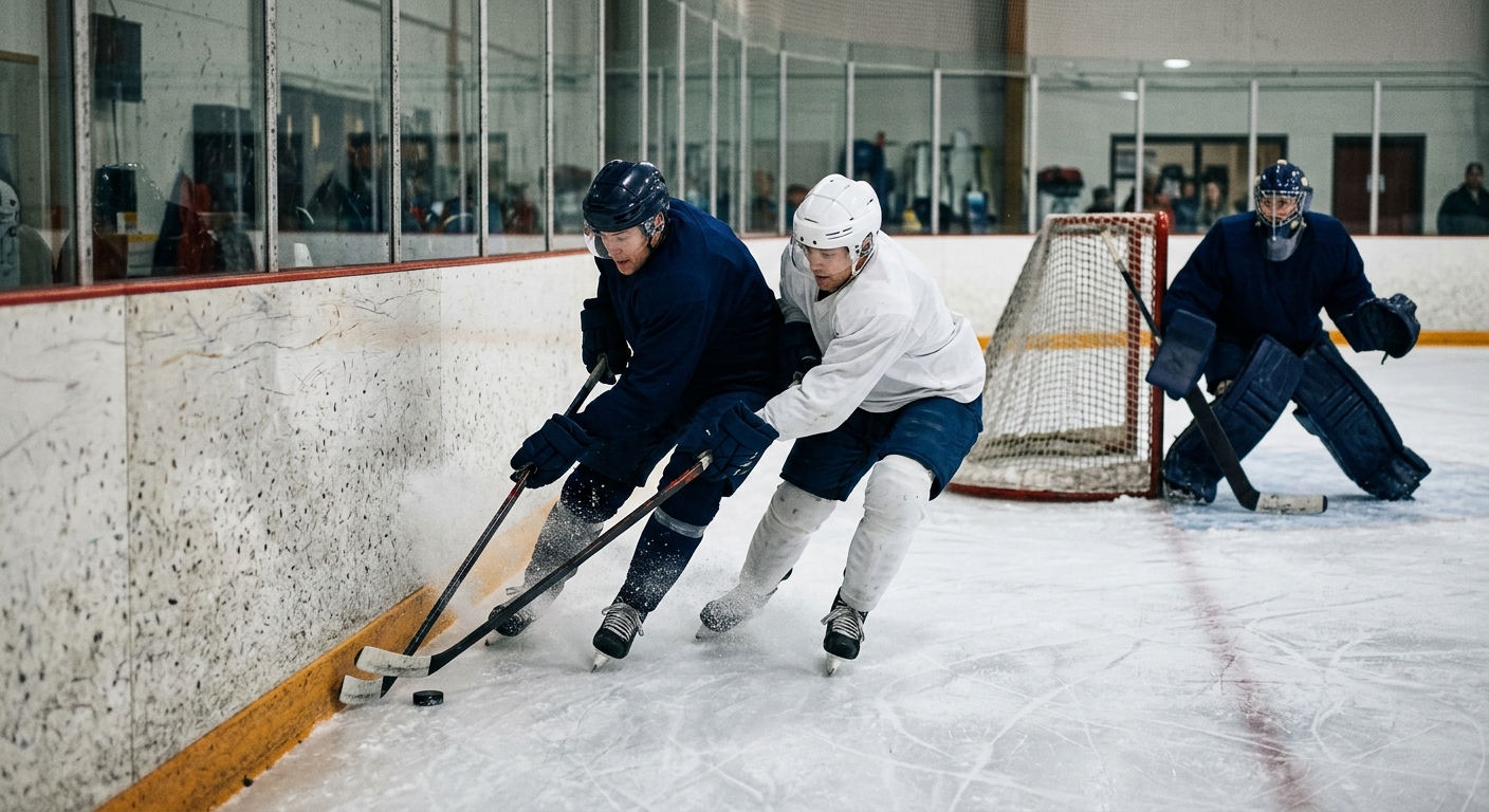 ice hockey players in plain gear battling for the puck along the scuffed boards of an indoor ice rink, ice shavings flying in the air, a goalie defending the ne