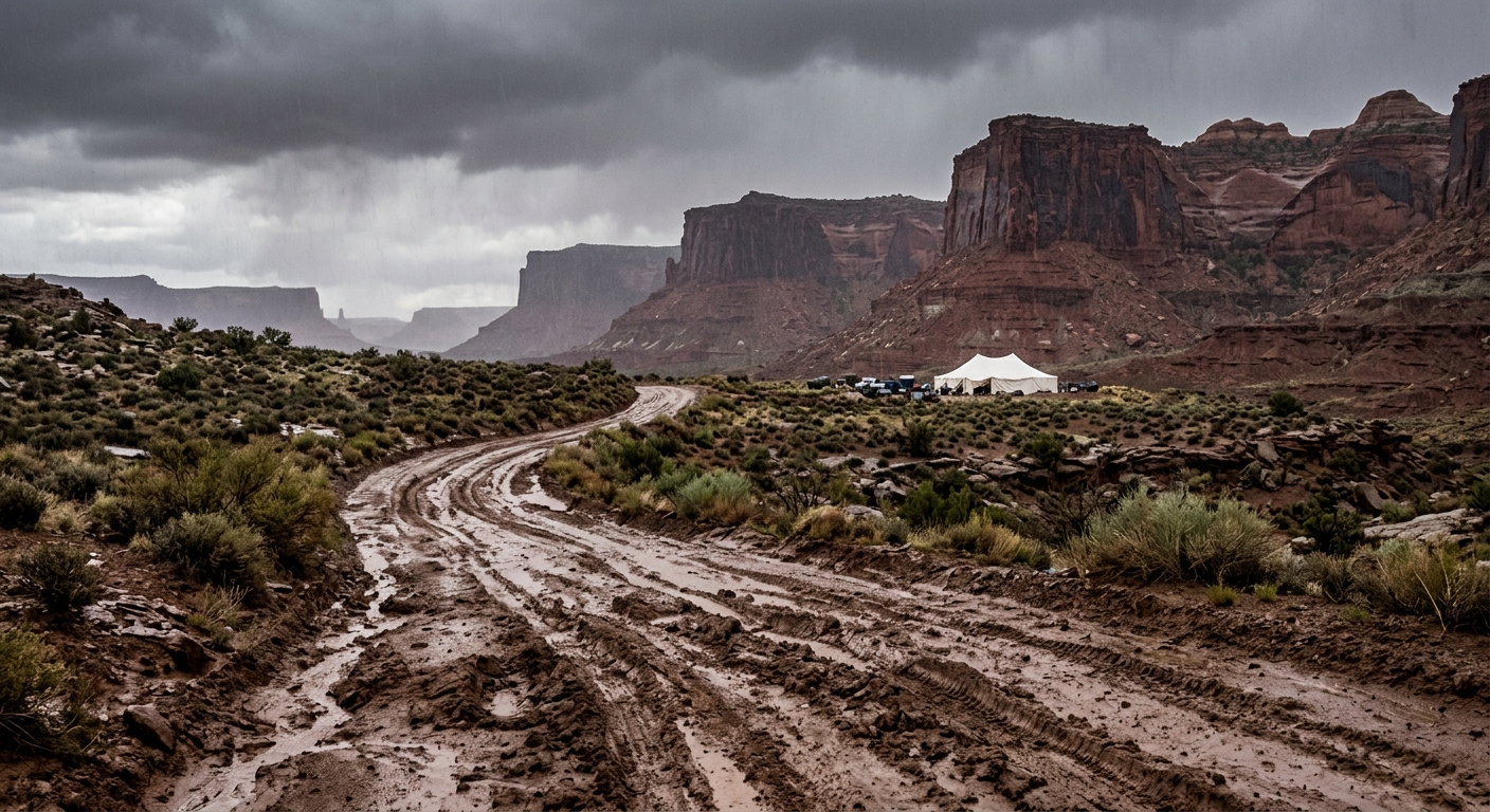 a deeply rutted, muddy dirt road winding through a rugged desert landscape with towering red rock mesas under heavy rain and thick overcast skies, featuring a l