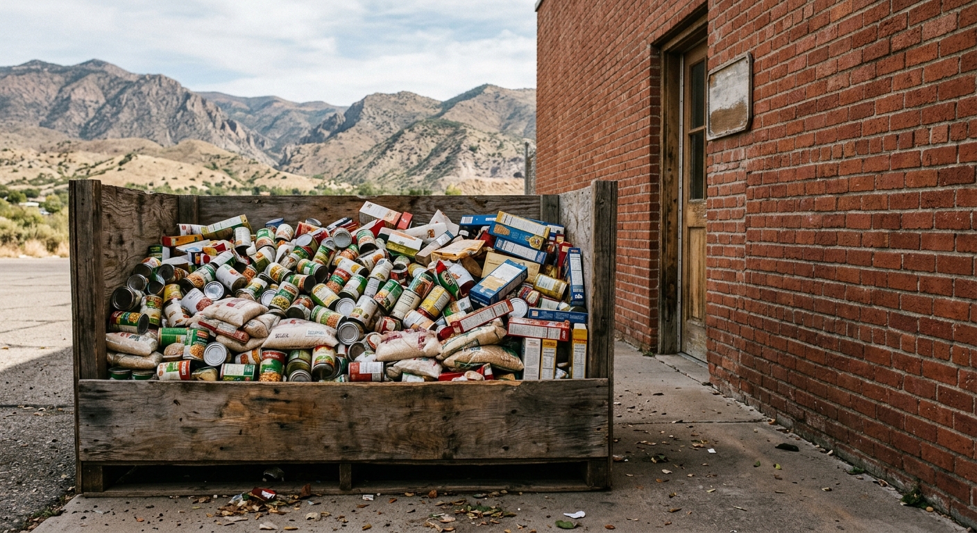 a large collection bin overflowing with canned goods, bags of rice, and boxed non-perishable food items placed outside a red brick building, with distant arid m