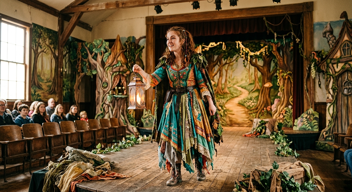 a young female theater performer in a colorful, flowing handmade fantasy costume standing on a wooden stage inside a historic community theater, holding a glowi