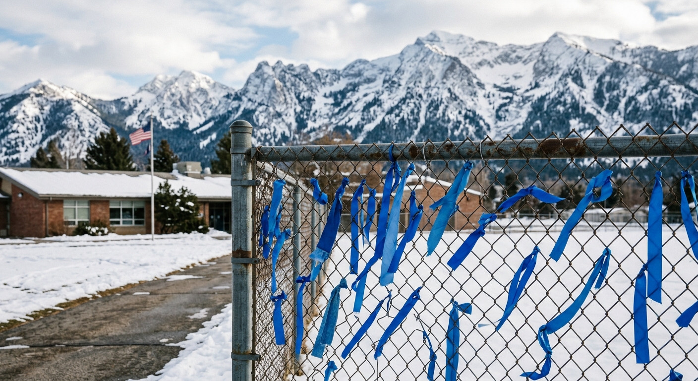 blue ribbons tied to a metal chain-link fence outside a rural school building, with snow-capped mountain peaks in the background typical of a northern Utah land