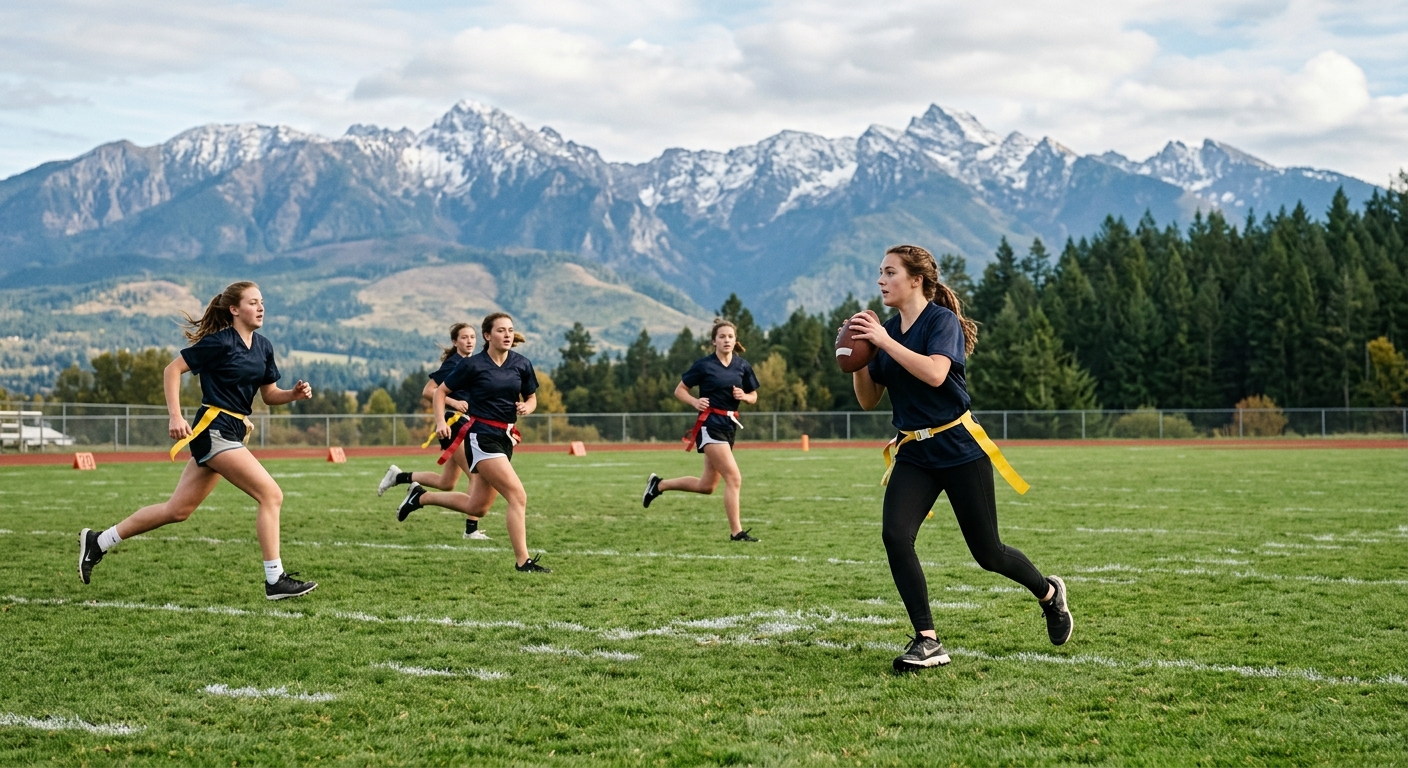 teenage girls playing flag football on a high school athletic field, wearing unmarked dark athletic jerseys and flag belts, with one player preparing to throw a