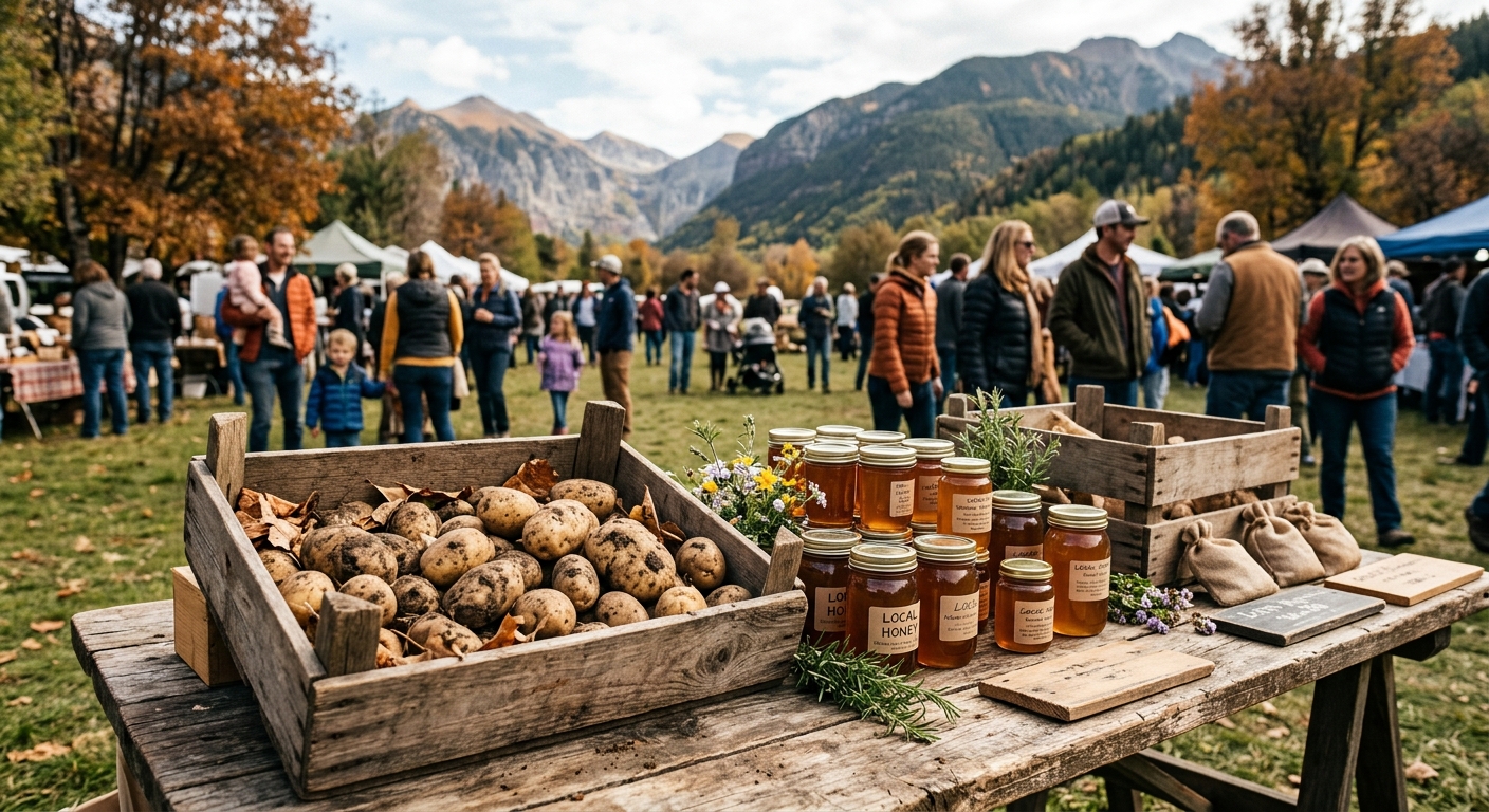 wooden crates filled with freshly harvested dirt-covered potatoes and jars of local honey resting on a rustic table at an outdoor community festival, with blurr