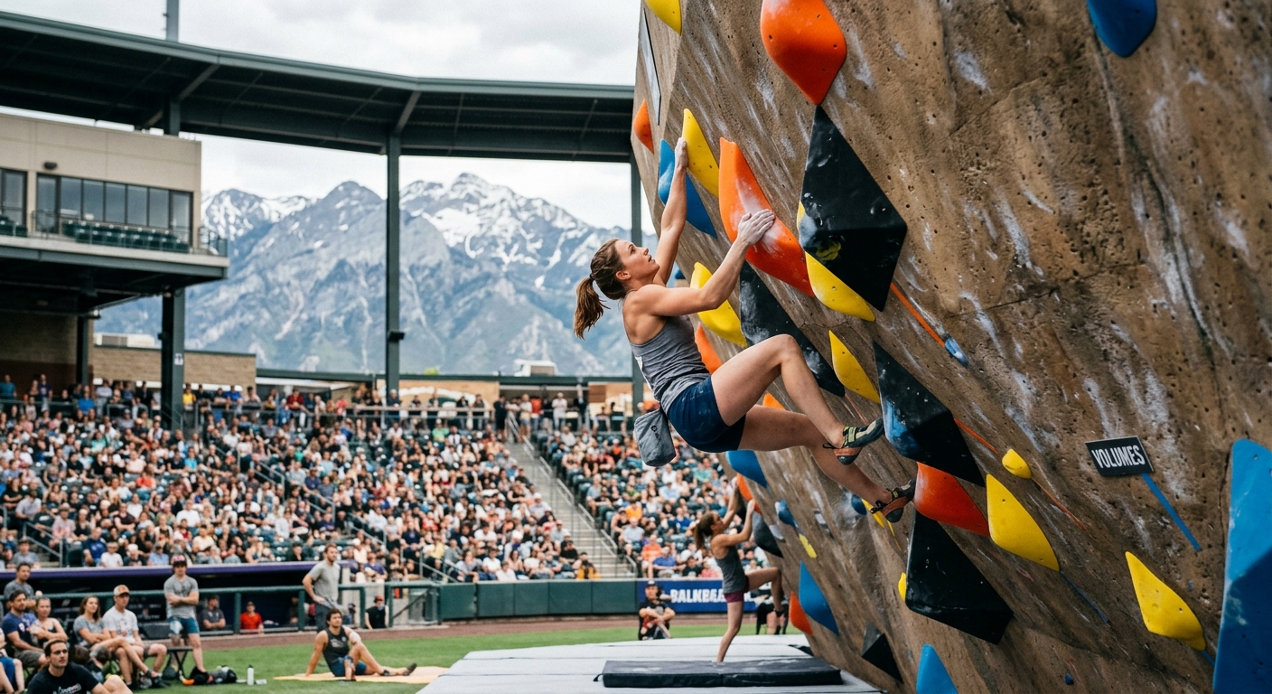 an outdoor bouldering competition on a large artificial climbing wall inside a baseball stadium, an athlete gripping the wall mid-climb without ropes, distant r
