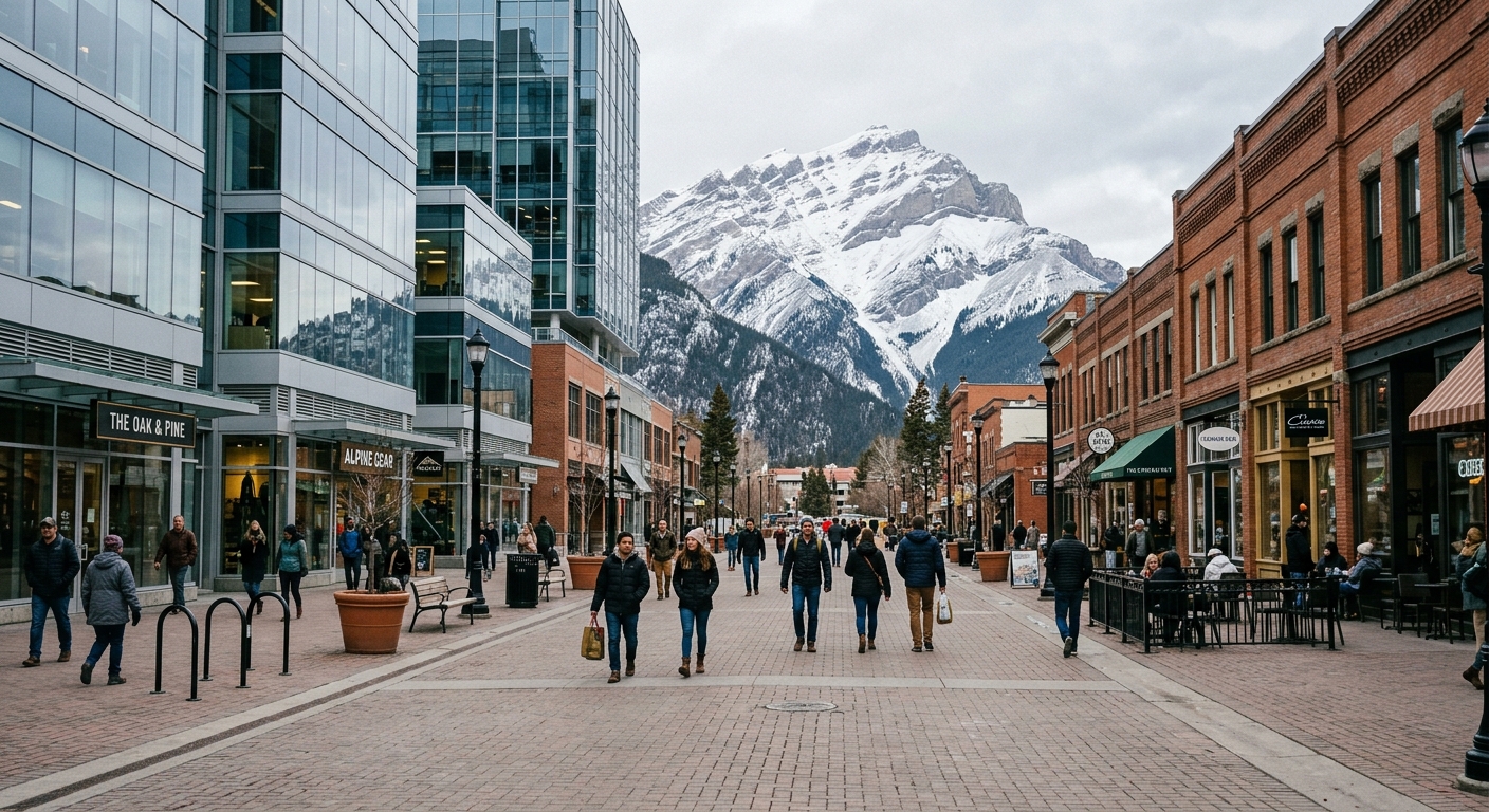 a wide downtown pedestrian walkway flanked by modern glass commercial buildings and brick retail storefronts, with snow-capped mountains visible in the distant