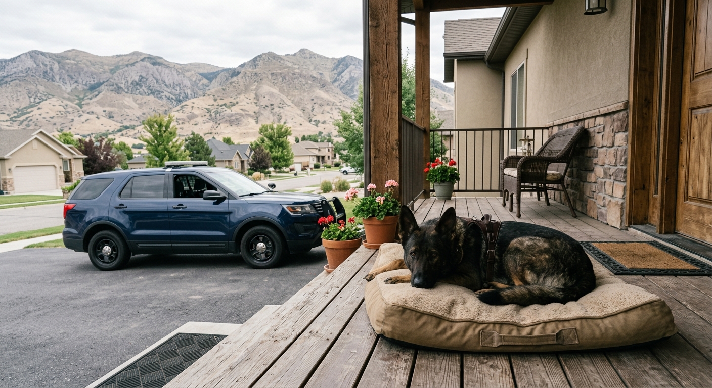 a police K-9 German Shepherd resting quietly on a dog bed on a residential porch, a generic law enforcement SUV parked in the driveway, set against a backdrop o