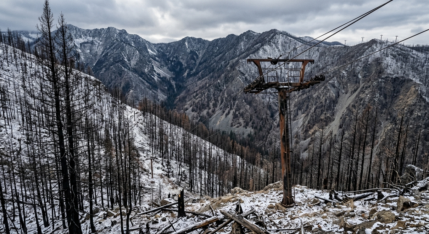 a snow-dusted mountainous landscape featuring charred pine trees and the damaged metal structure of an idle ski lift tower, capturing the aftermath of a wildfir