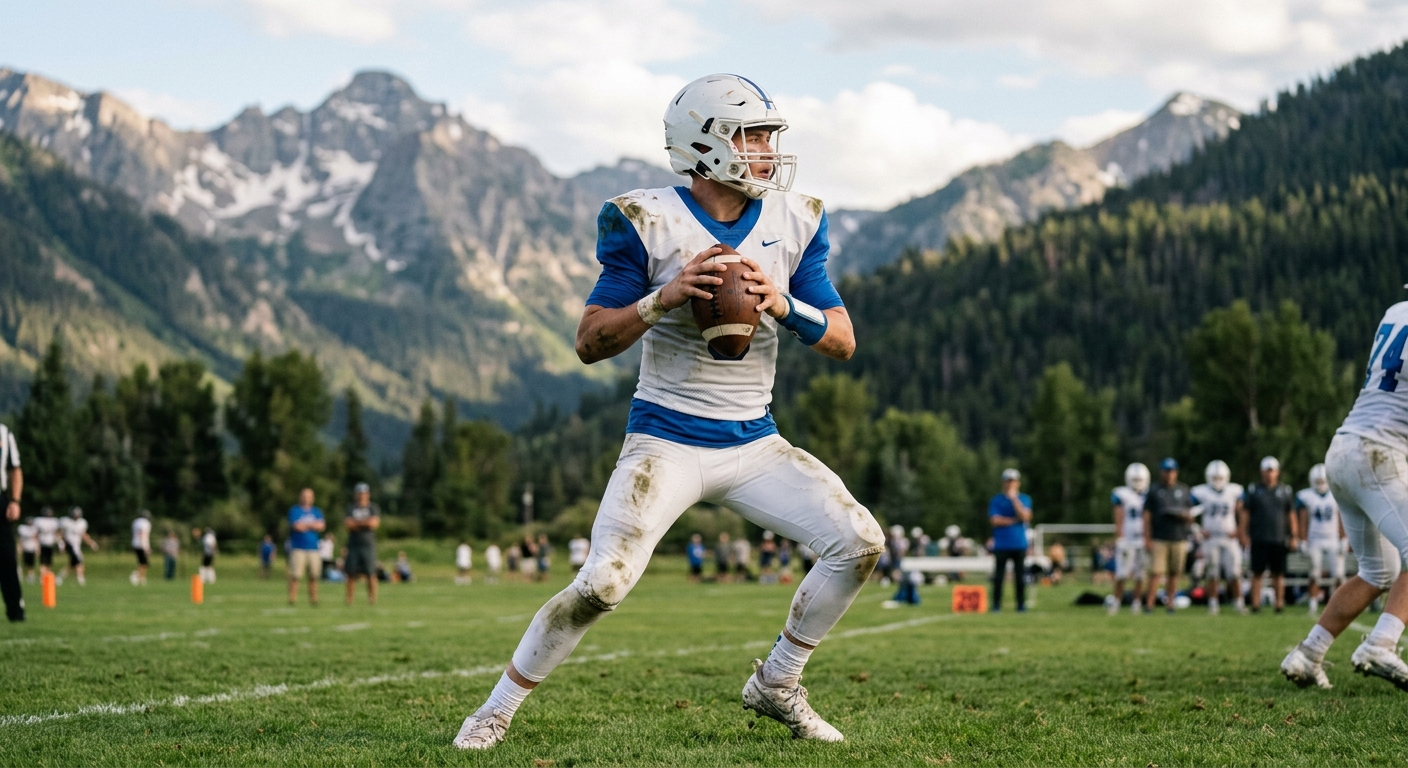 a college football quarterback in a plain blue and white uniform preparing to throw a football on a grass athletic field, towering rugged mountain peaks in the