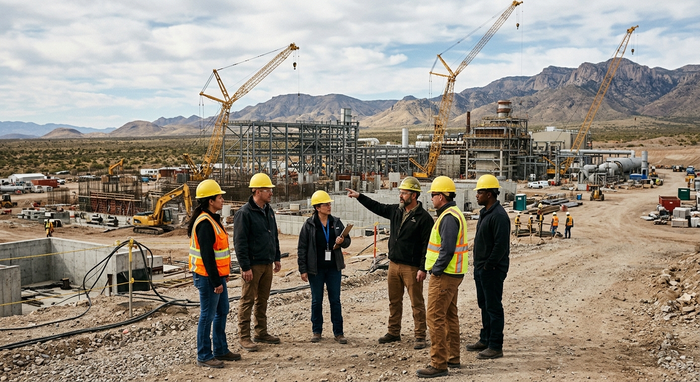 a group of officials in hard hats and high-visibility vests standing on a dusty construction site of a large industrial energy facility, surrounded by concrete