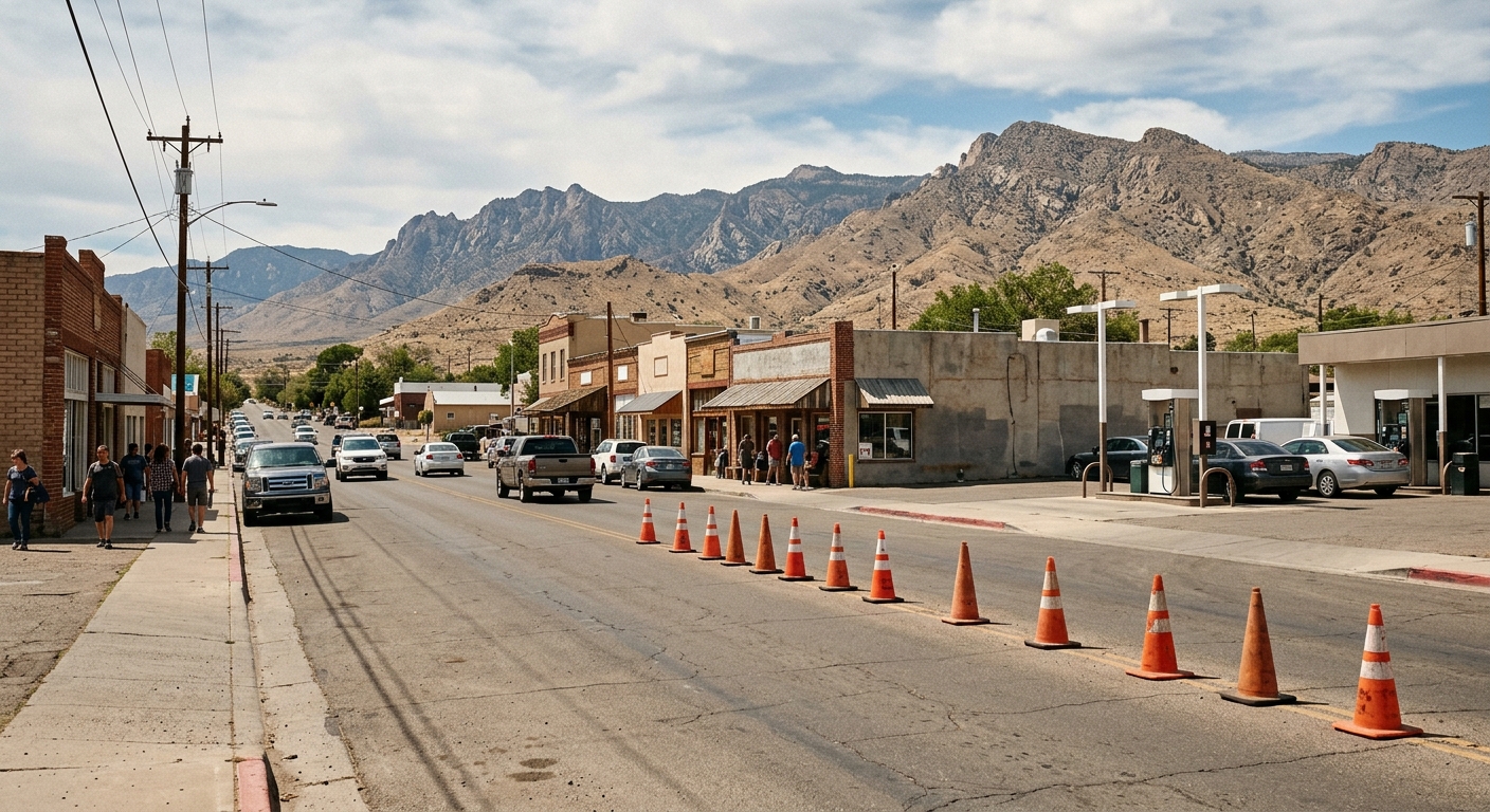a paved commercial street with a gas station entrance and small storefronts, dry rocky mountains visible in the distant background, orange traffic cones placed