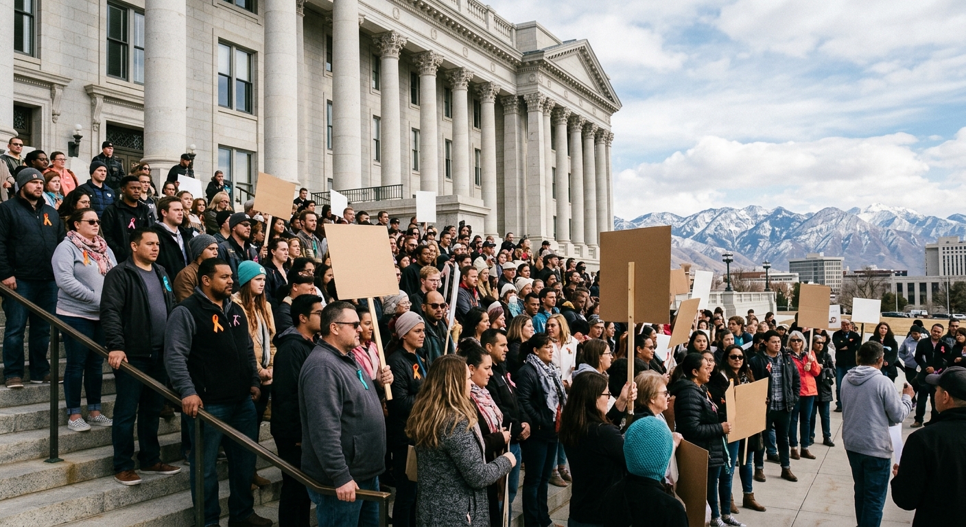 a diverse crowd of community members gathered on the steps of a large stone government building with neoclassical columns, some individuals holding blank cardbo