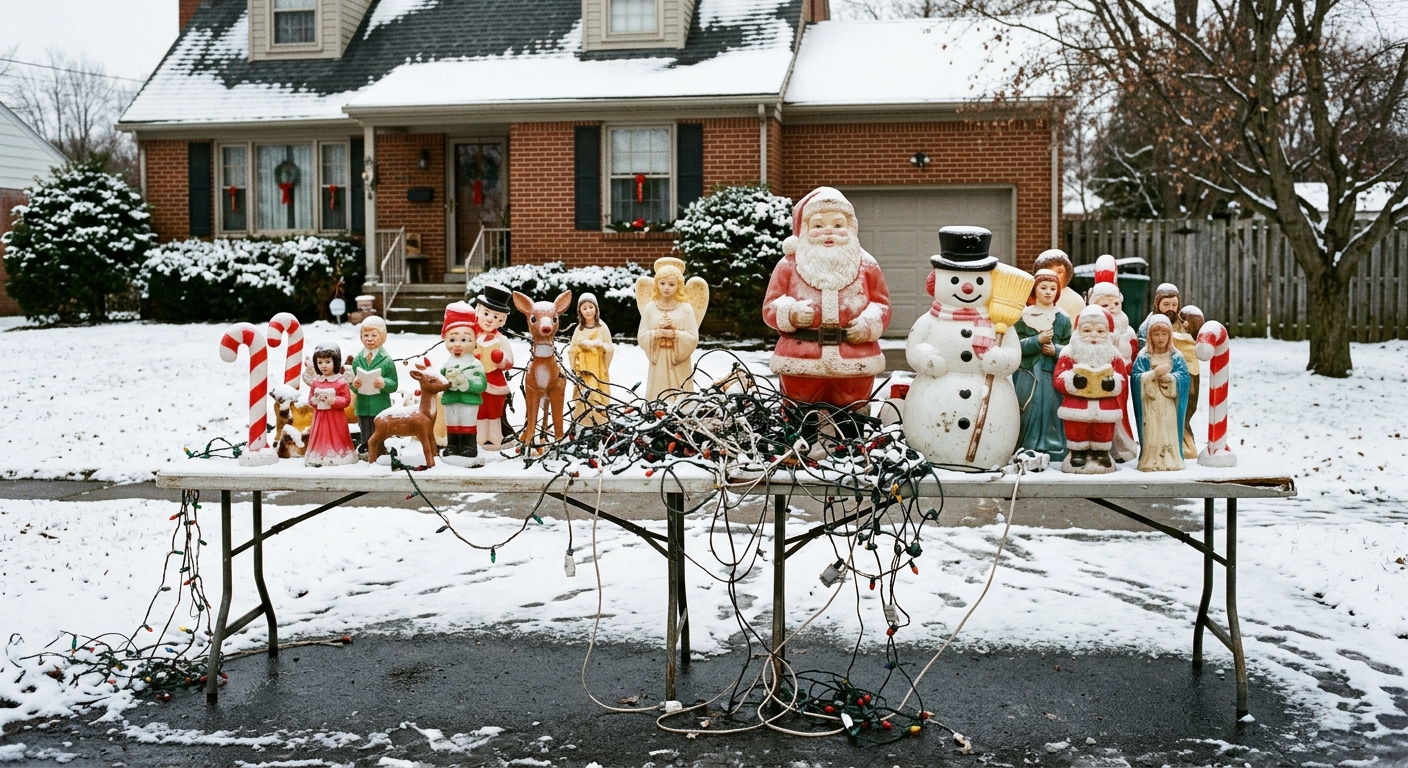 vintage plastic Christmas blow mold decorations and tangled string lights arranged on folding tables in a snow-dusted suburban driveway, with an older residenti